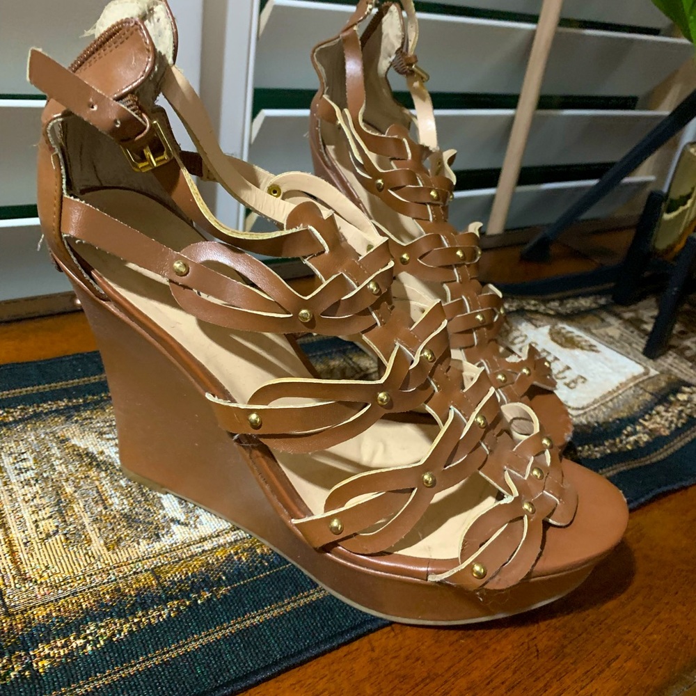Guess Brown gold wedge heels